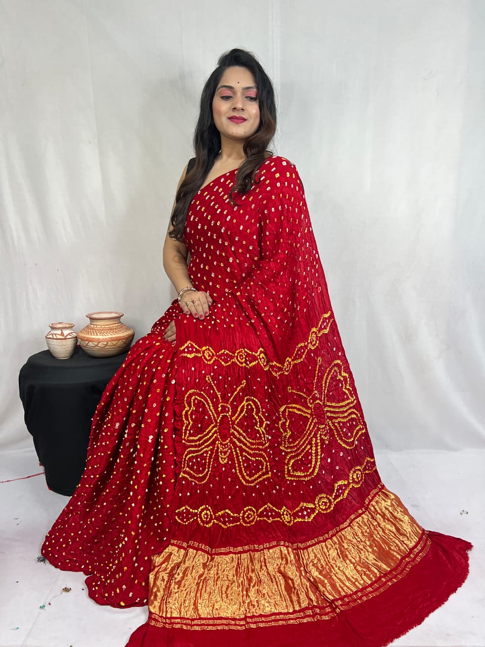 Pure Natural Dyeing Hand Block Bandhej Print Modal silk saree.