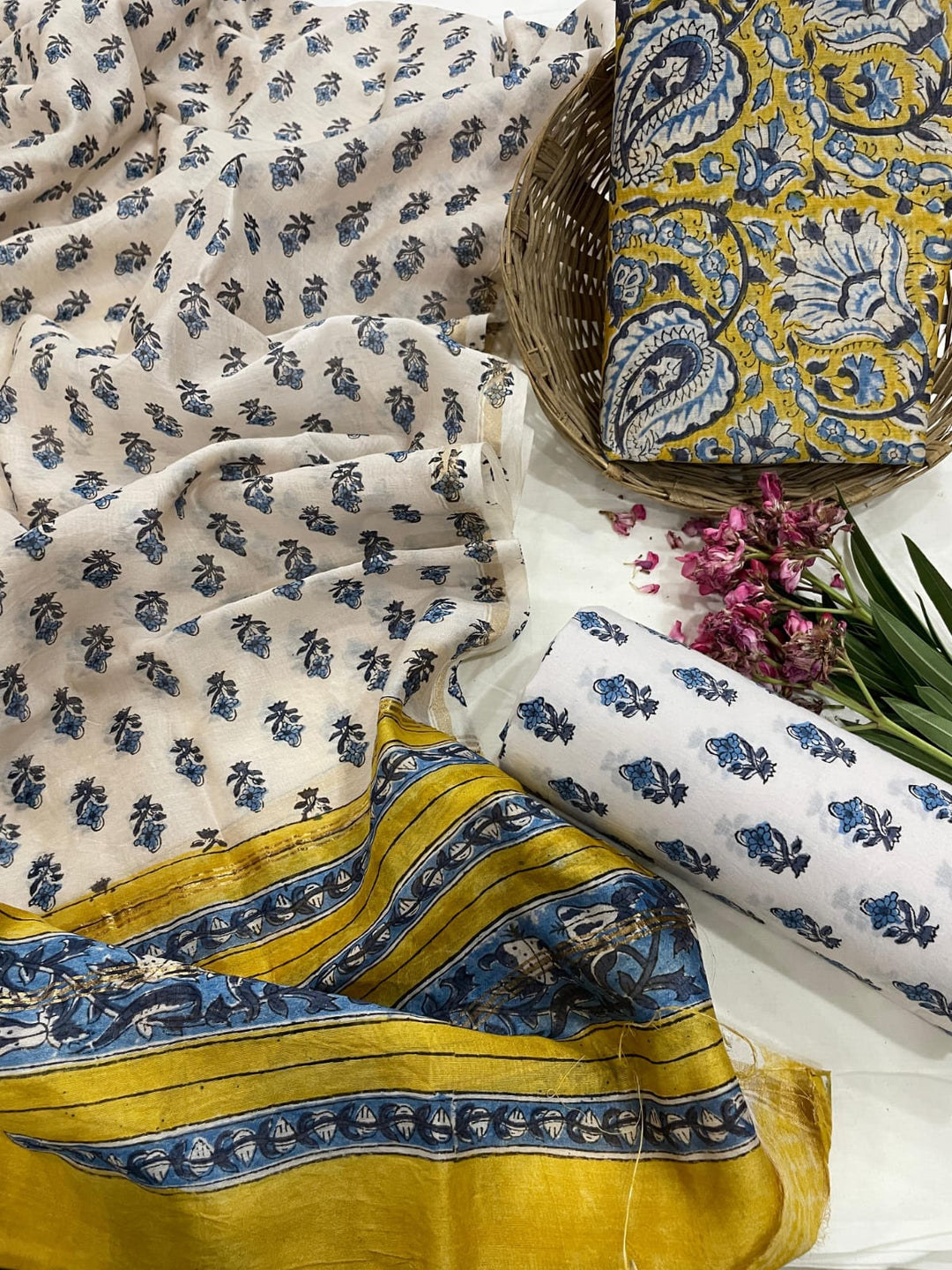 Pure Hand Block Chanderi Silk Unstitched Suit.