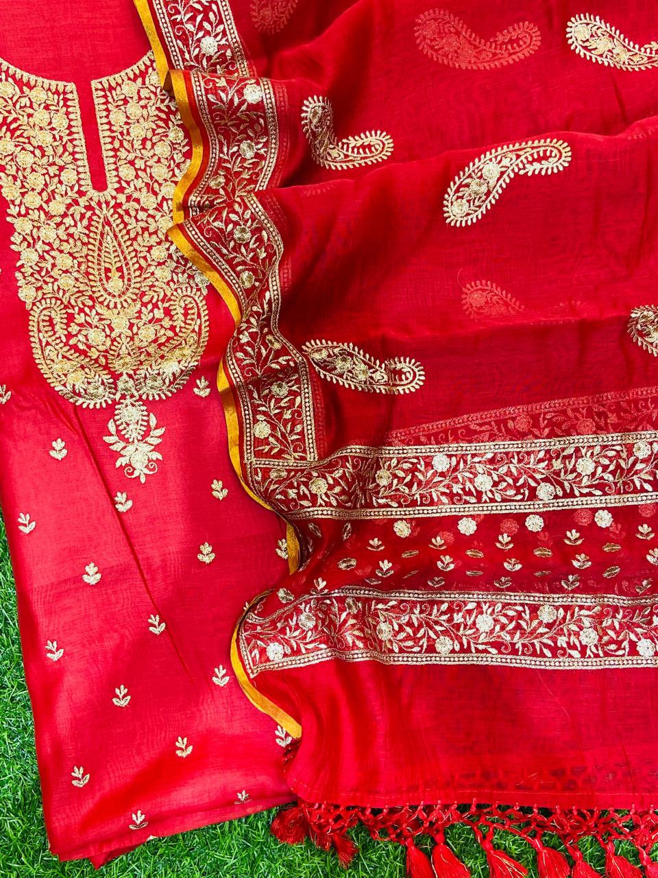 Pure Banarasi Resham Mal Chanderi Silk Zari Unstitched Suit with Beautiful Neck Embroidery.