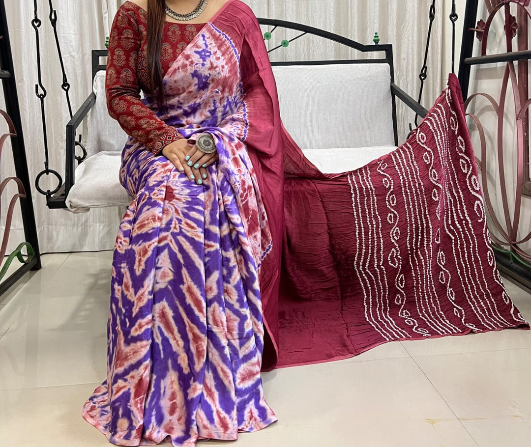 Pure Natural Dyeing Hand Block Tia&Diye Print Modal silk saree.
