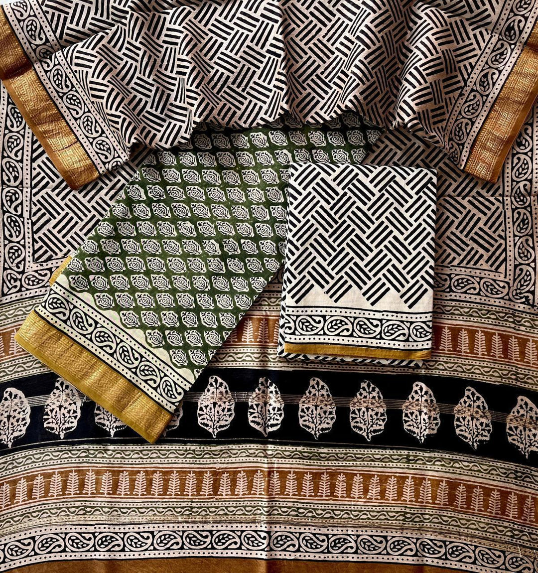 Pure Maheshwari Silk Hand block print Unstitched Suit.