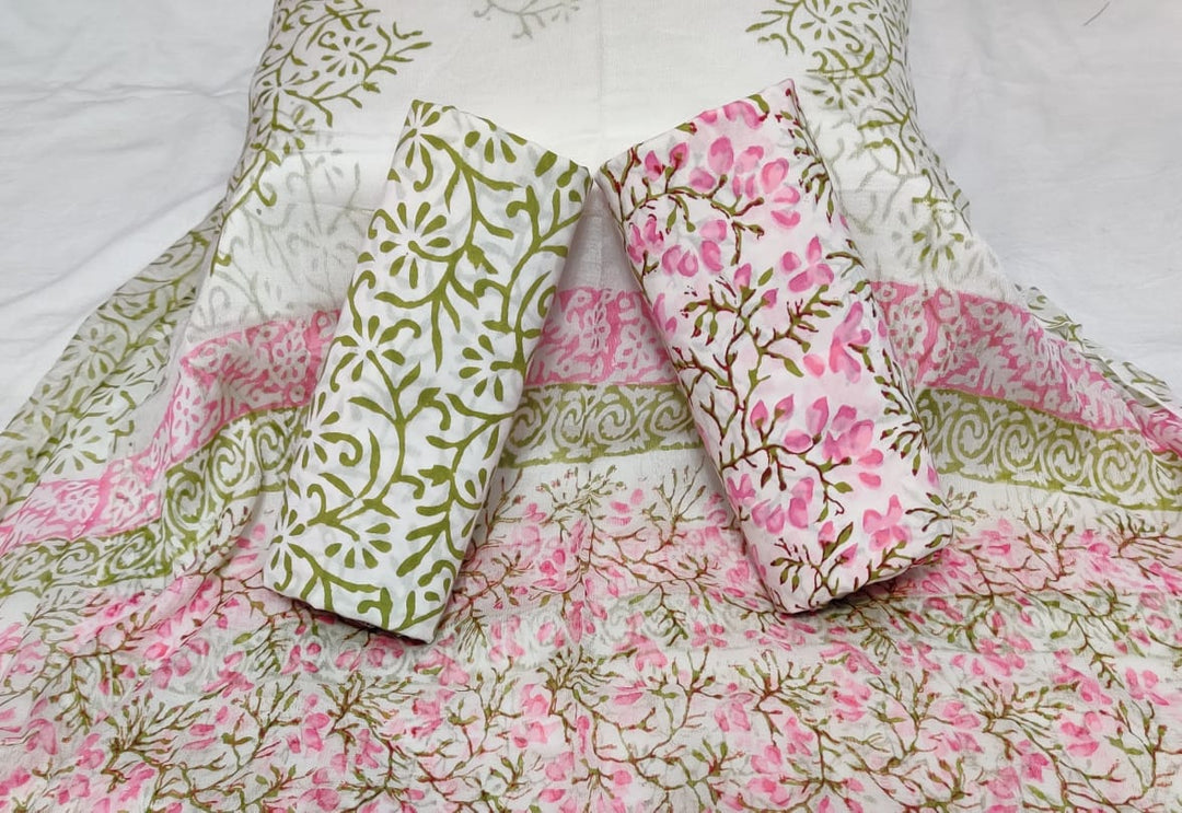 Pure Cotton Hand Block Print Unstitched Suit with chiffon dupatta .