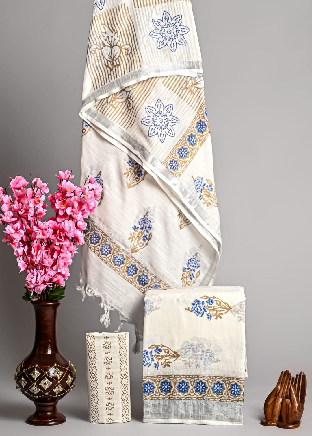 Hand Block Printed Linen Unstitched Suit .