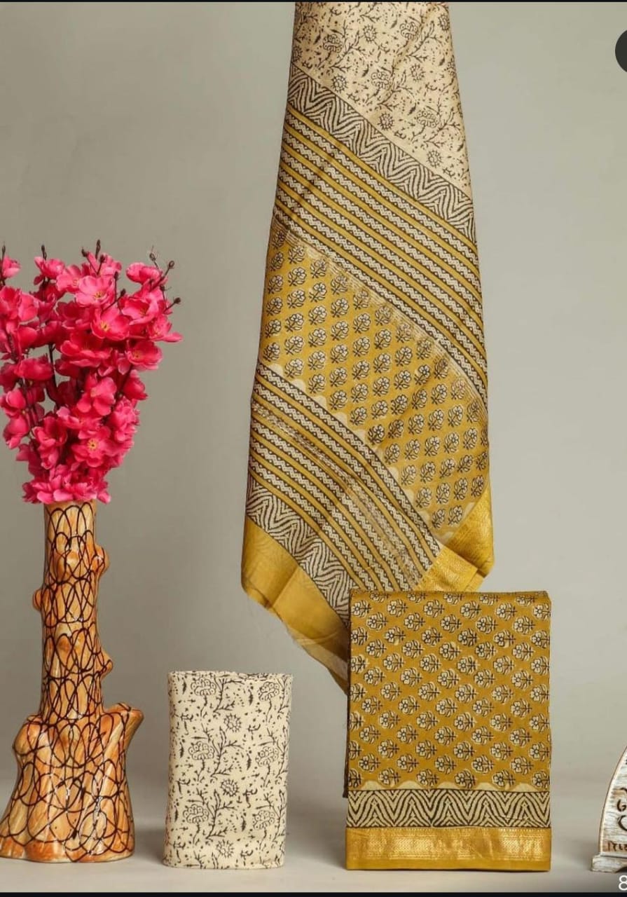 Pure Maheshwari Silk Hand block print Unstitched Suit.
