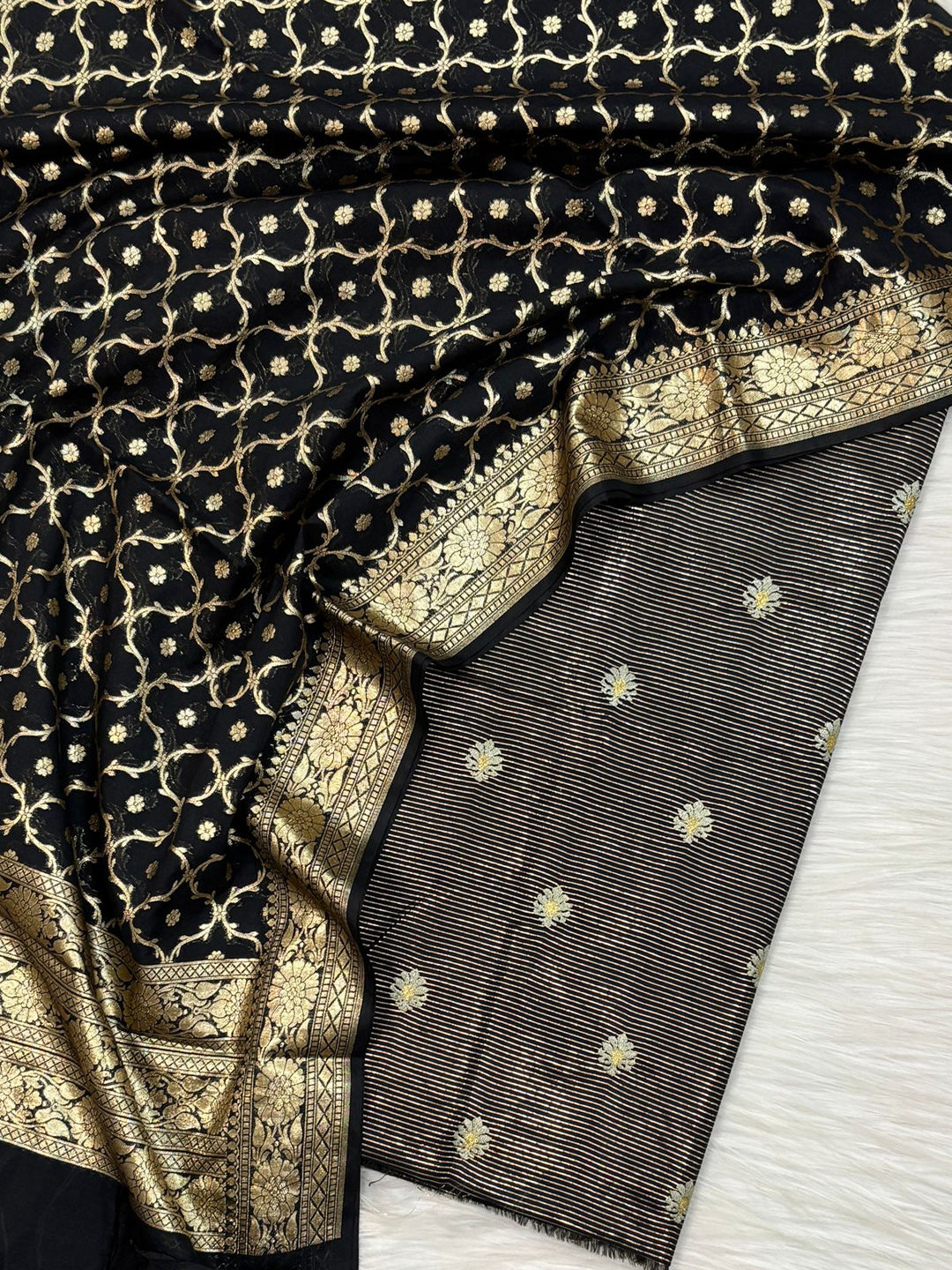 Banarasi Chanderi Lorex Mini Stripes and Zari work Unstitched Suit.