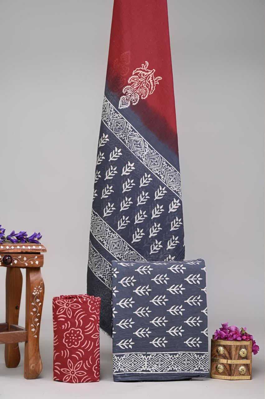 Pure Cotton Hand Block Printed Unstitched Suit Set With Cotton dupatta.