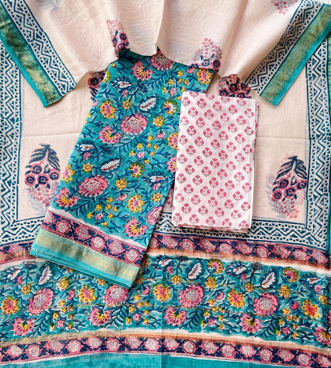 Pure Maheshwari Silk Hand block print Unstitched Suit.
