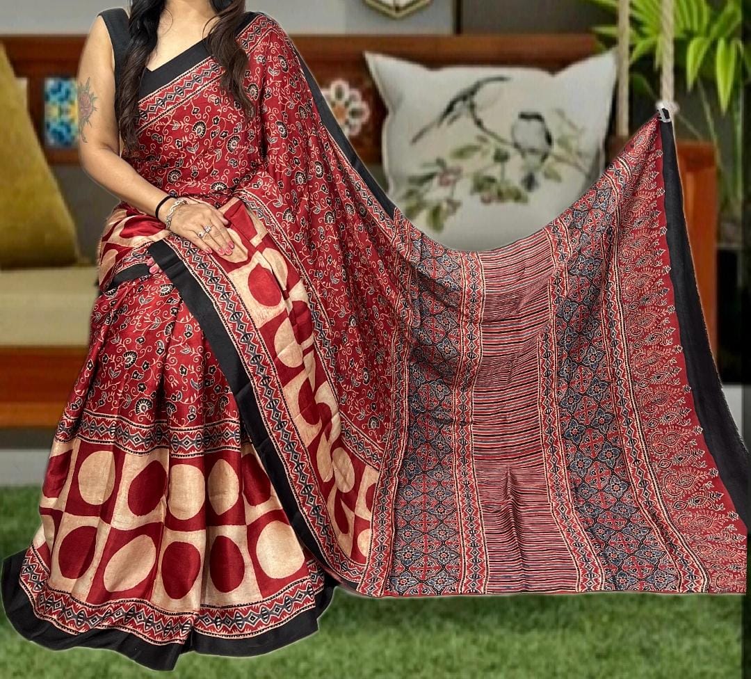 Pure Natural Dyeing Hand Block Print Modal silk saree.