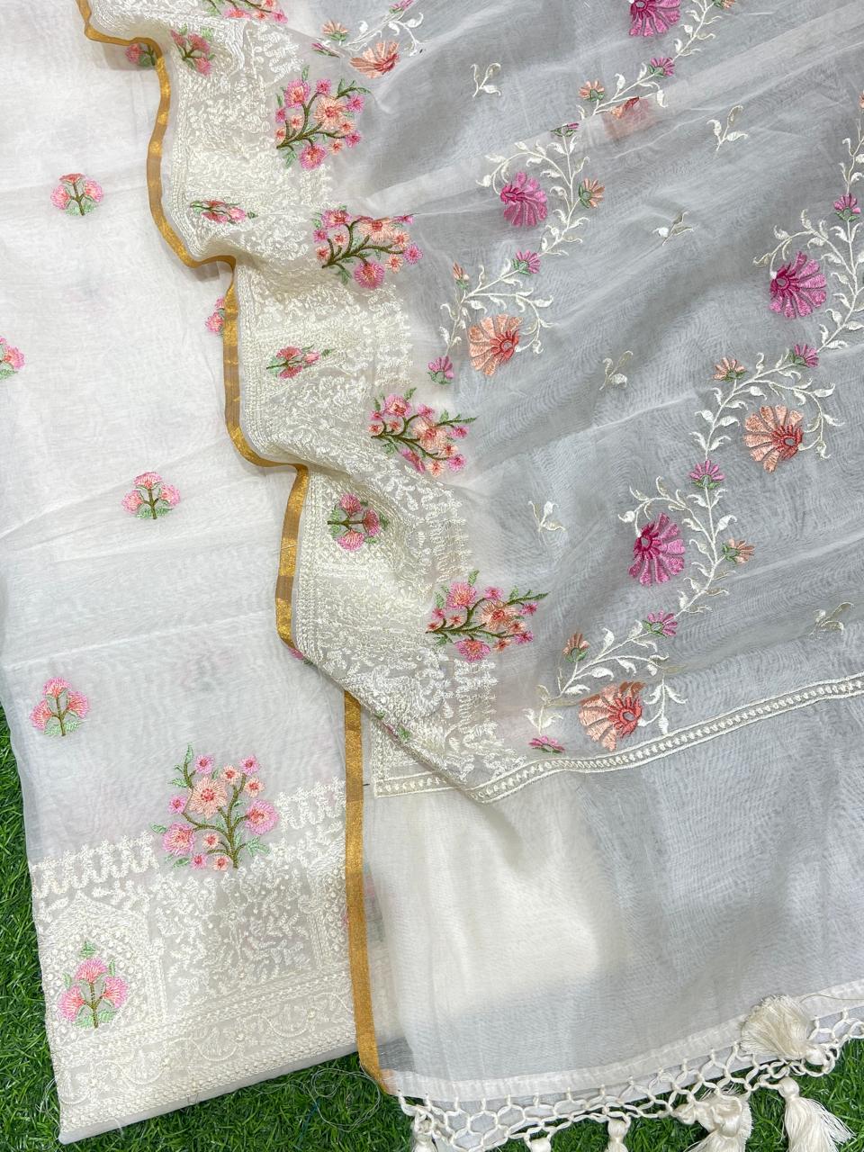 Pure Banarasi Resham Mul Chanderi Silk Embroidery Work Unstitched Suit.