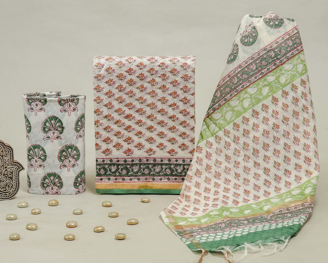 Pure Hand Block Chanderi Silk Unstitched Suit.