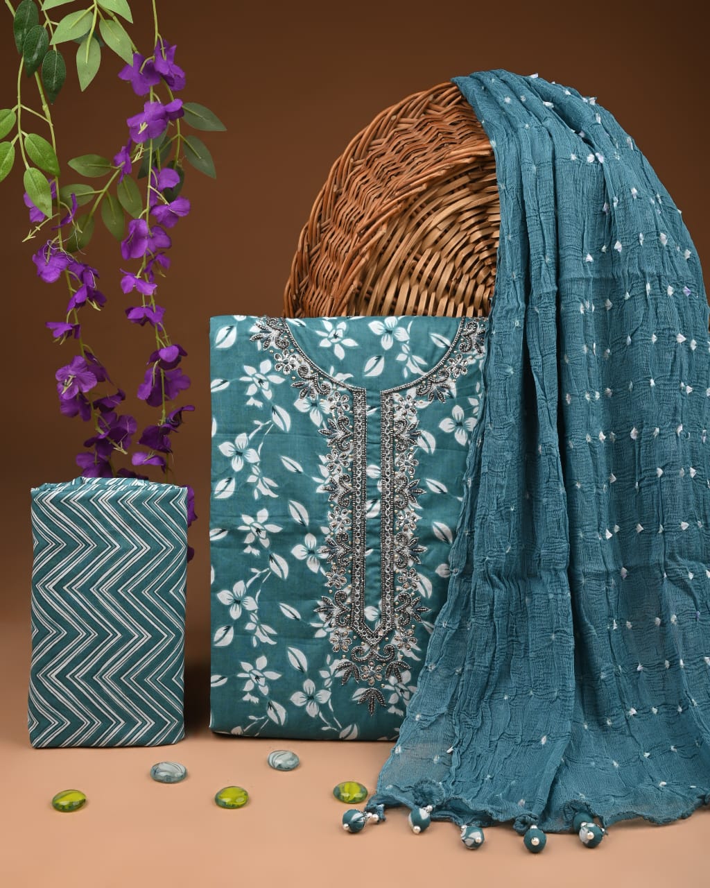 Pure Cotton Gotta patti Work unstitched Suit With Chiffon Dupatta.