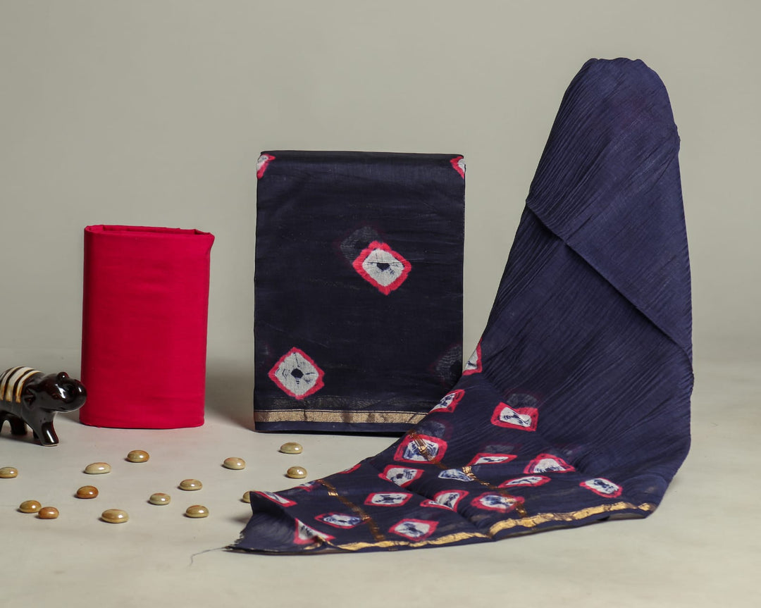 Pure Hand Block Chanderi Silk Unstitched Suit.