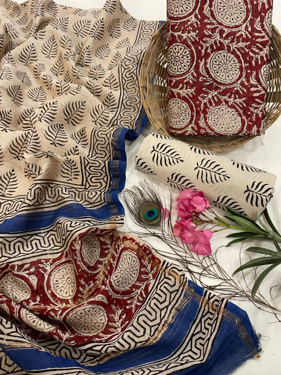 Pure Hand Block Chanderi Silk Unstitched Suit.