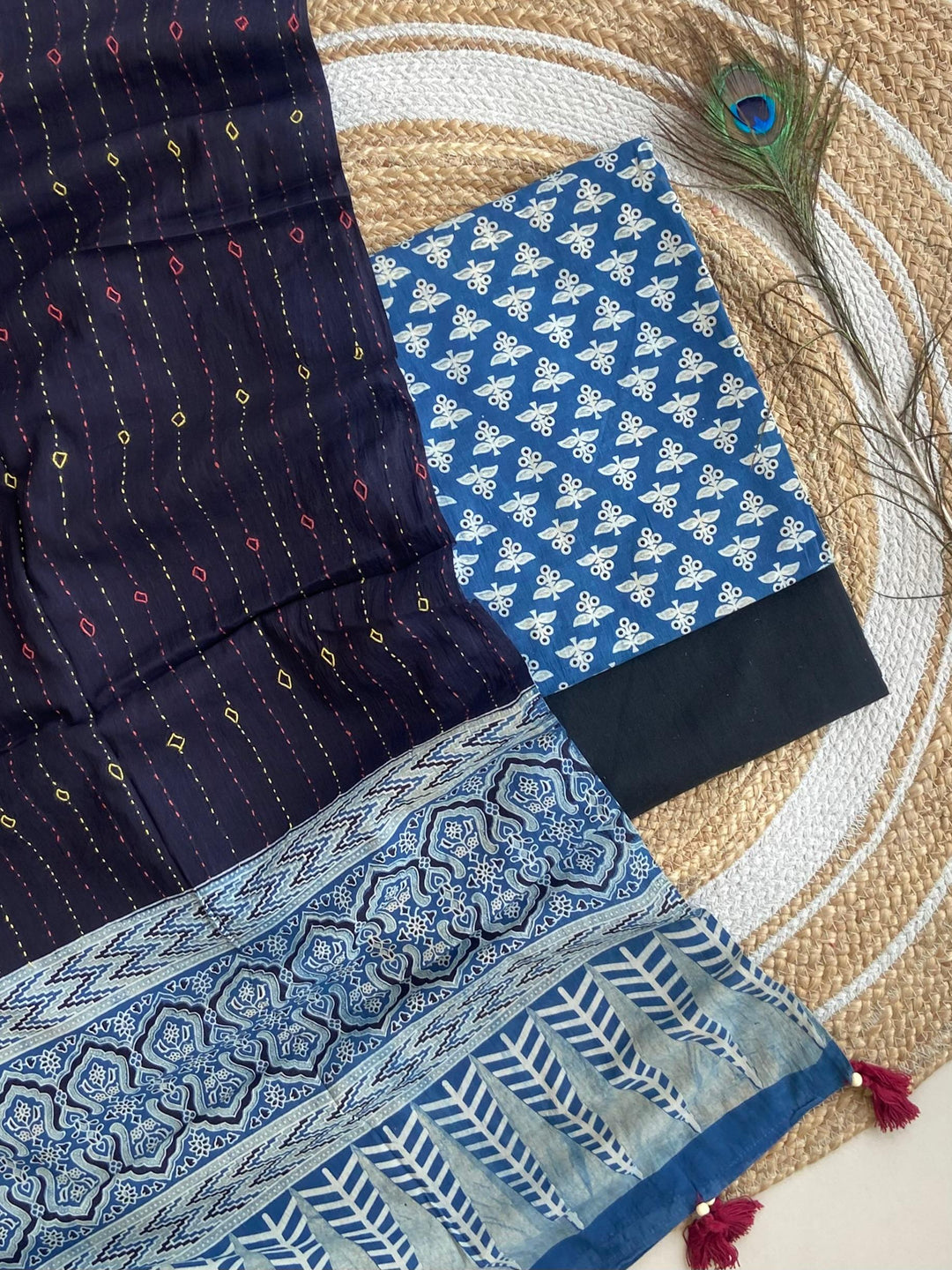 Pure Cotton Azrakh Print Unstitched suit Whit Kantha Work Dupatta