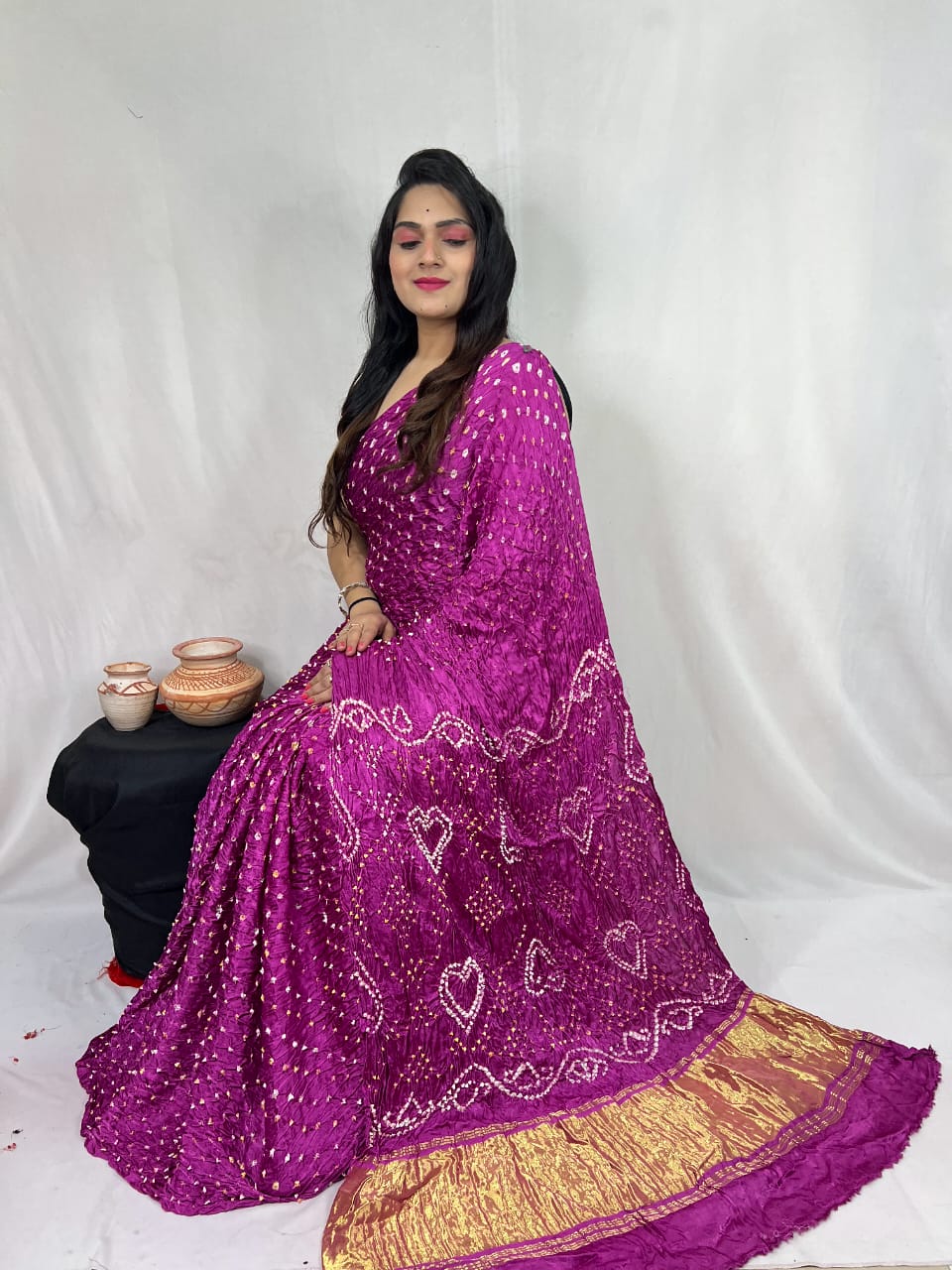Pure Natural Dyeing Hand Block Bandhej Print Modal silk saree.