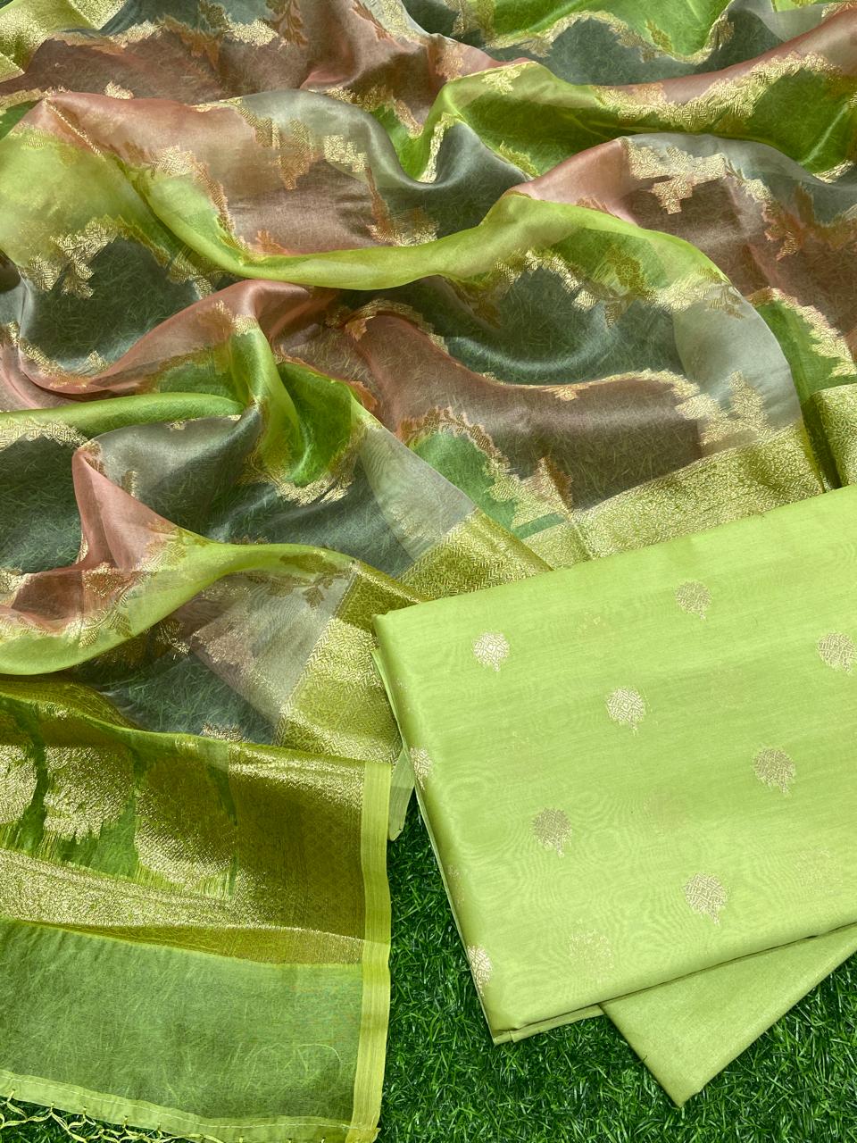 Pure Banarasi Chanderi Silk Zari Work Unstitched Suit With Banarasi Organza Rangkart Dupatta.