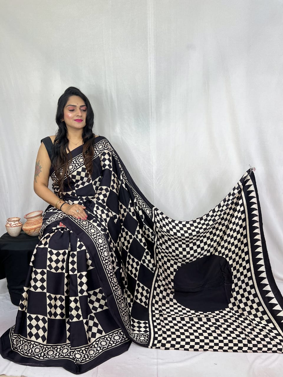 Pure Natural Dyeing Hand Block Print Modal silk saree.