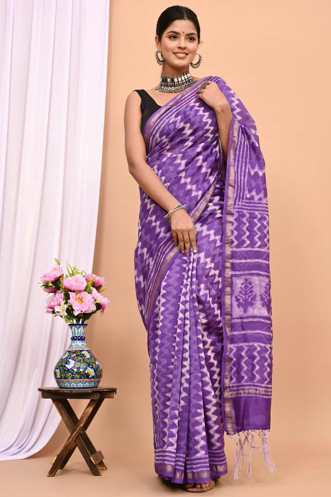 Hand Block Prninted Chanderi Saree .