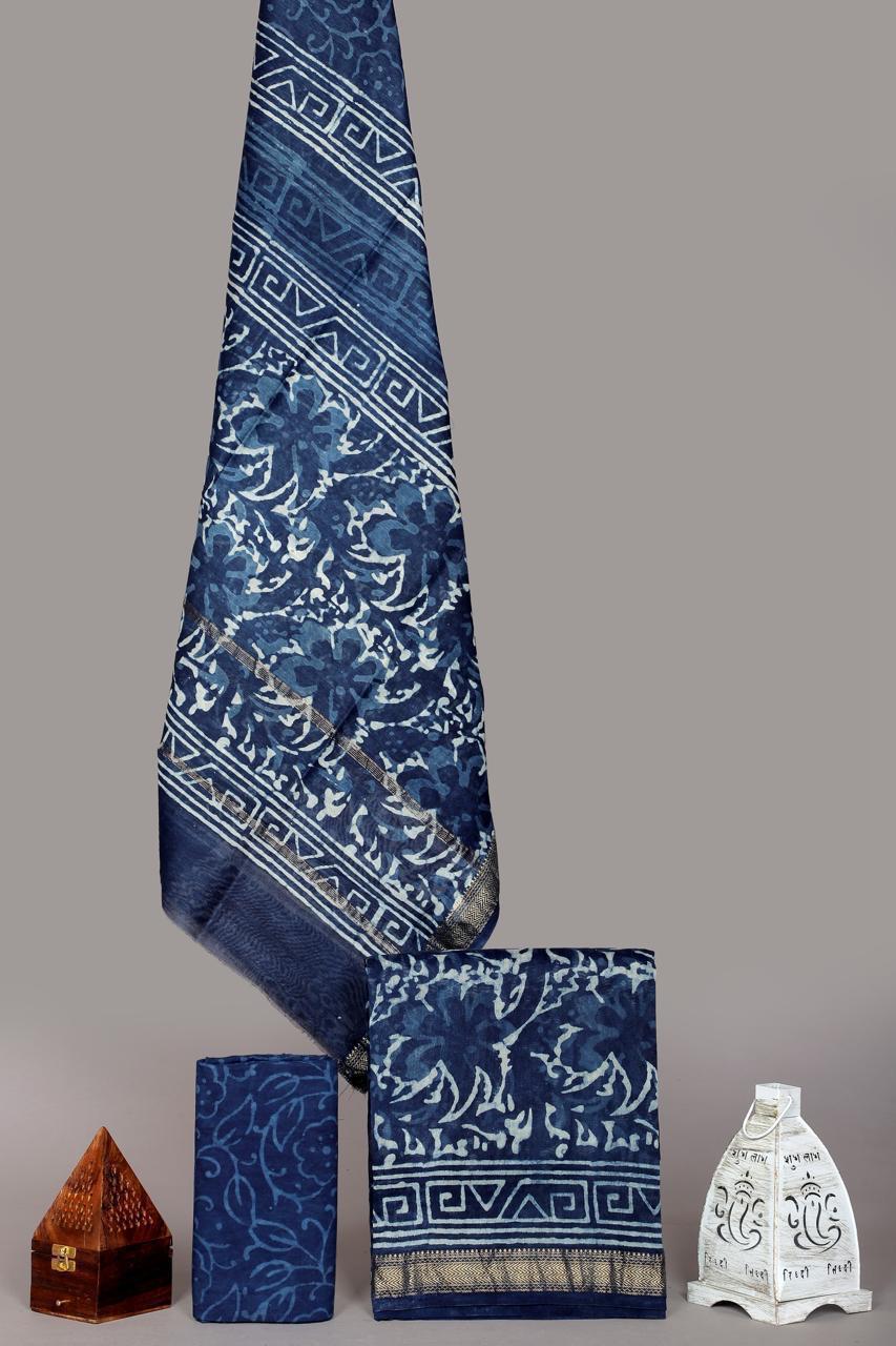 Pure Maheshwari Silk Hand block print Unstitched Suit.