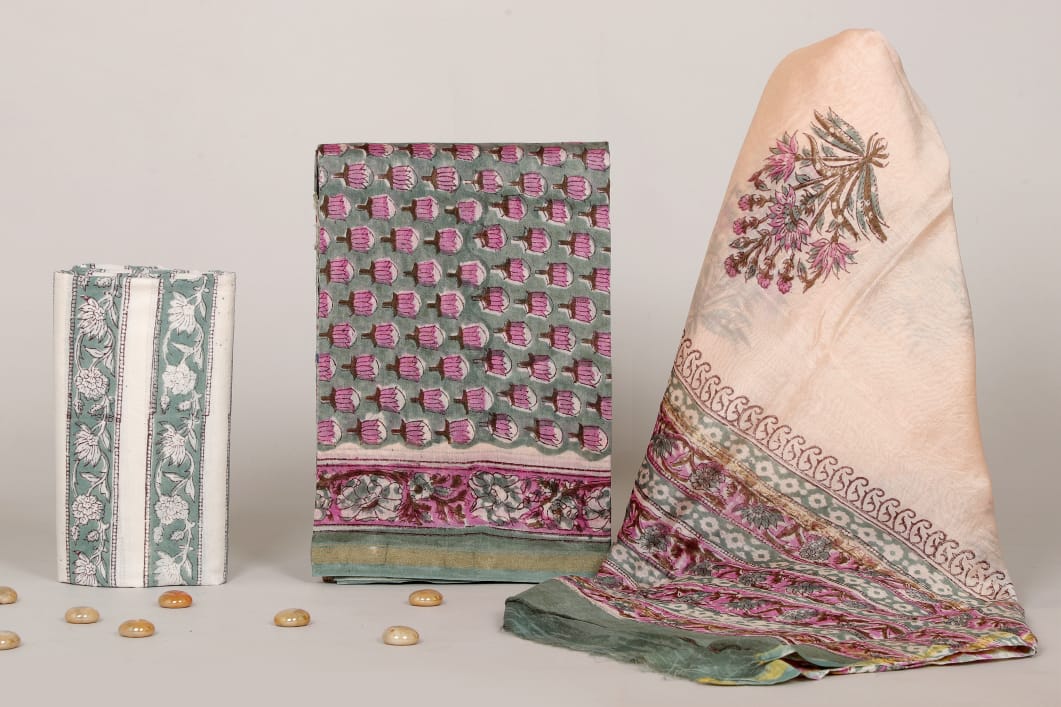 Pure Hand Block Chanderi Silk Unstitched Suit.