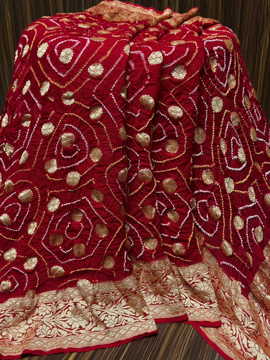 Pure Khaddi Georgette Handloom Neem Zari Work saree With Raiy Bandhej .