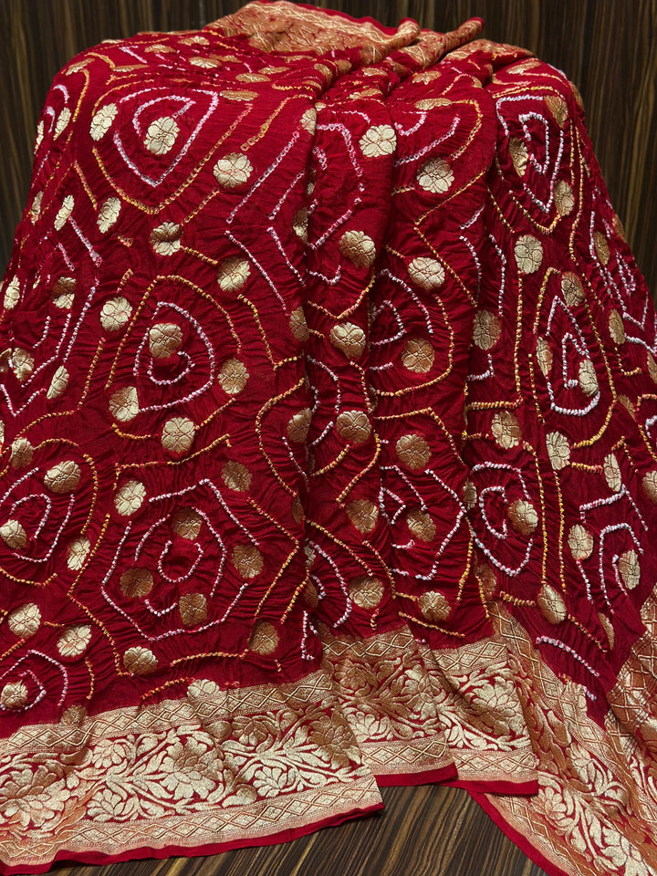 Pure Khaddi Georgette Handloom Neem Zari Work saree With Raiy Bandhej .