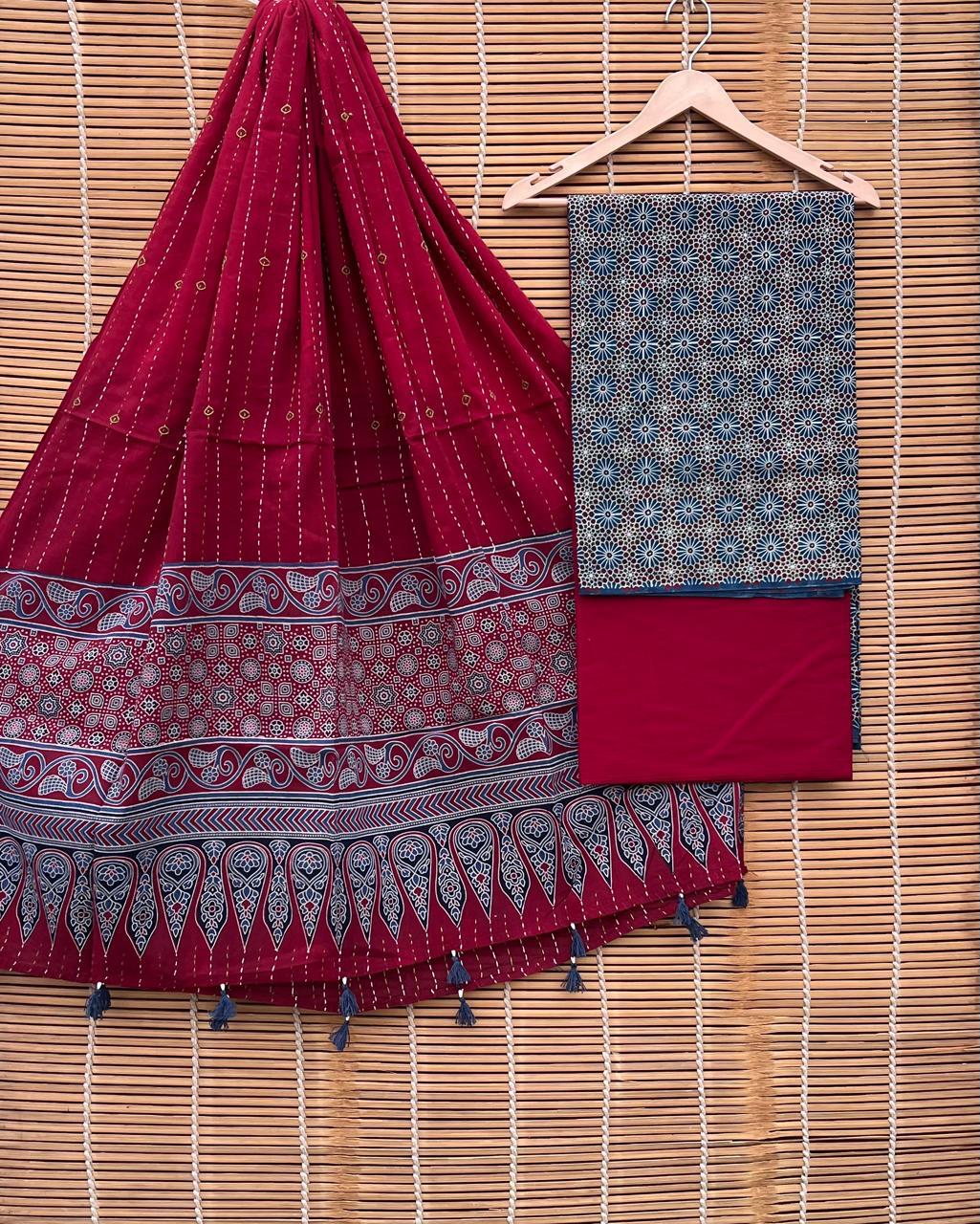 Pure Cotton Azrakh Print Unstitched suit Whit Kantha Work Dupatta.