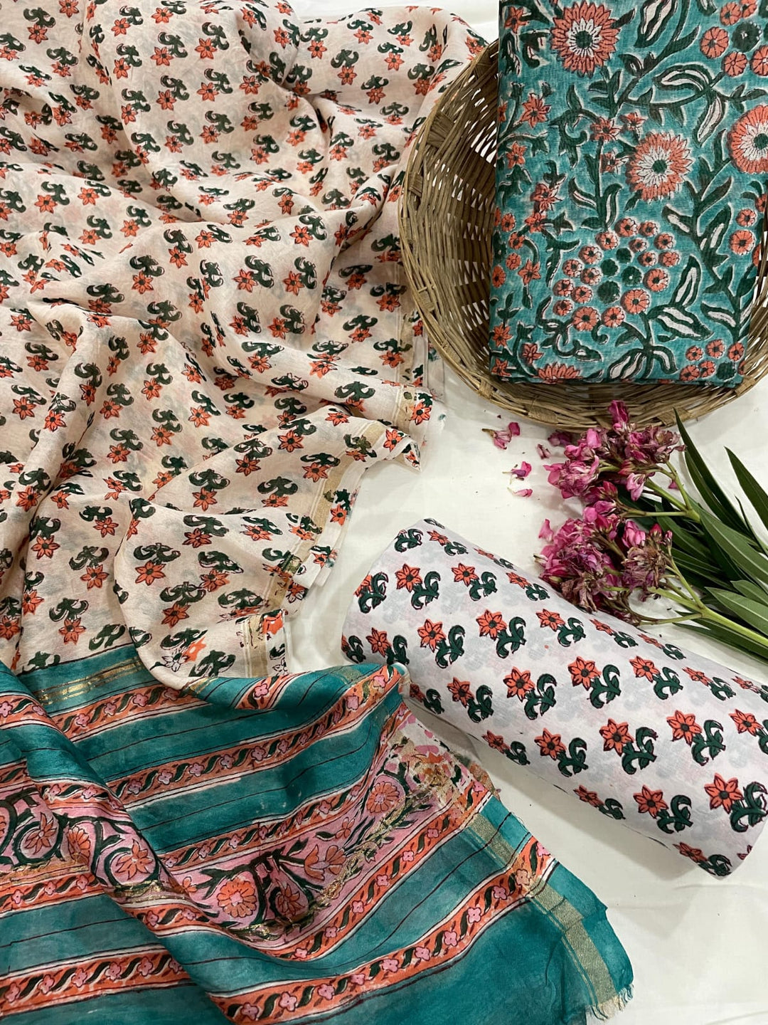 Pure Hand Block Chanderi Silk Unstitched Suit.