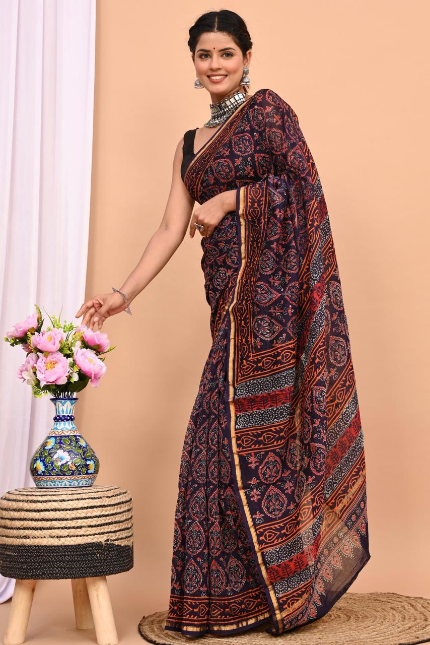 Hand Block Prninted Chanderi Saree .