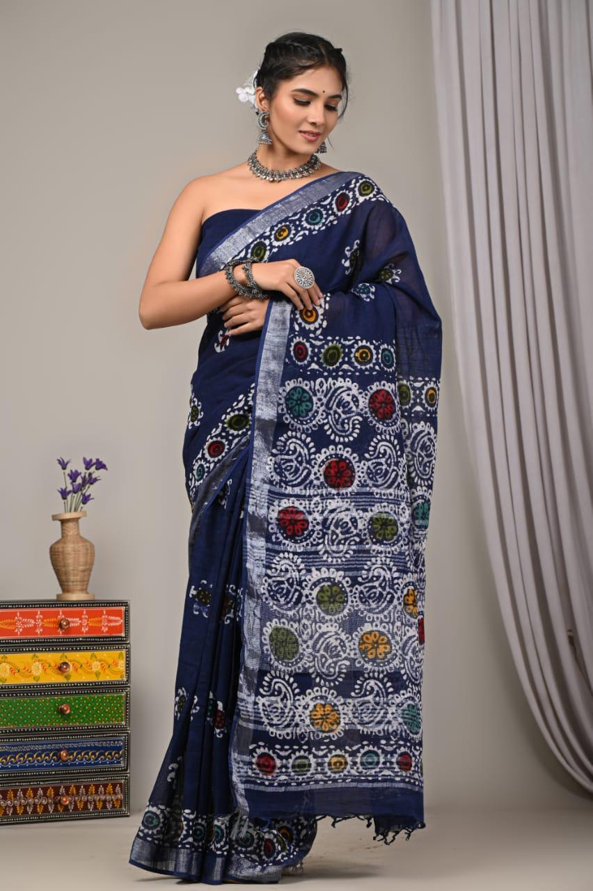 Hand Block Print Linen Saree with Blouse .
