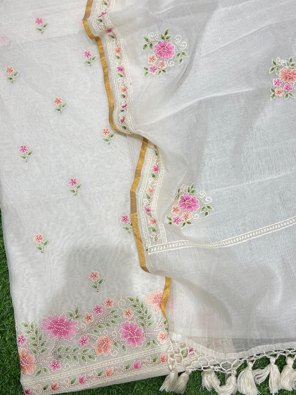 Pure Banarasi Resham Mul Chanderi Silk Embroidery Work Unstitched Suit.