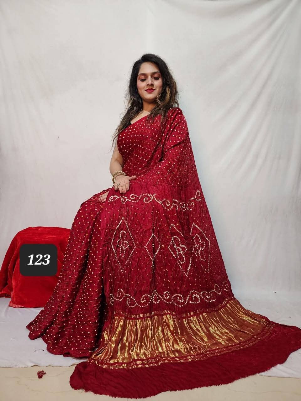 Pure Natural Dyeing Hand Block Bandhej Print Modal silk saree.