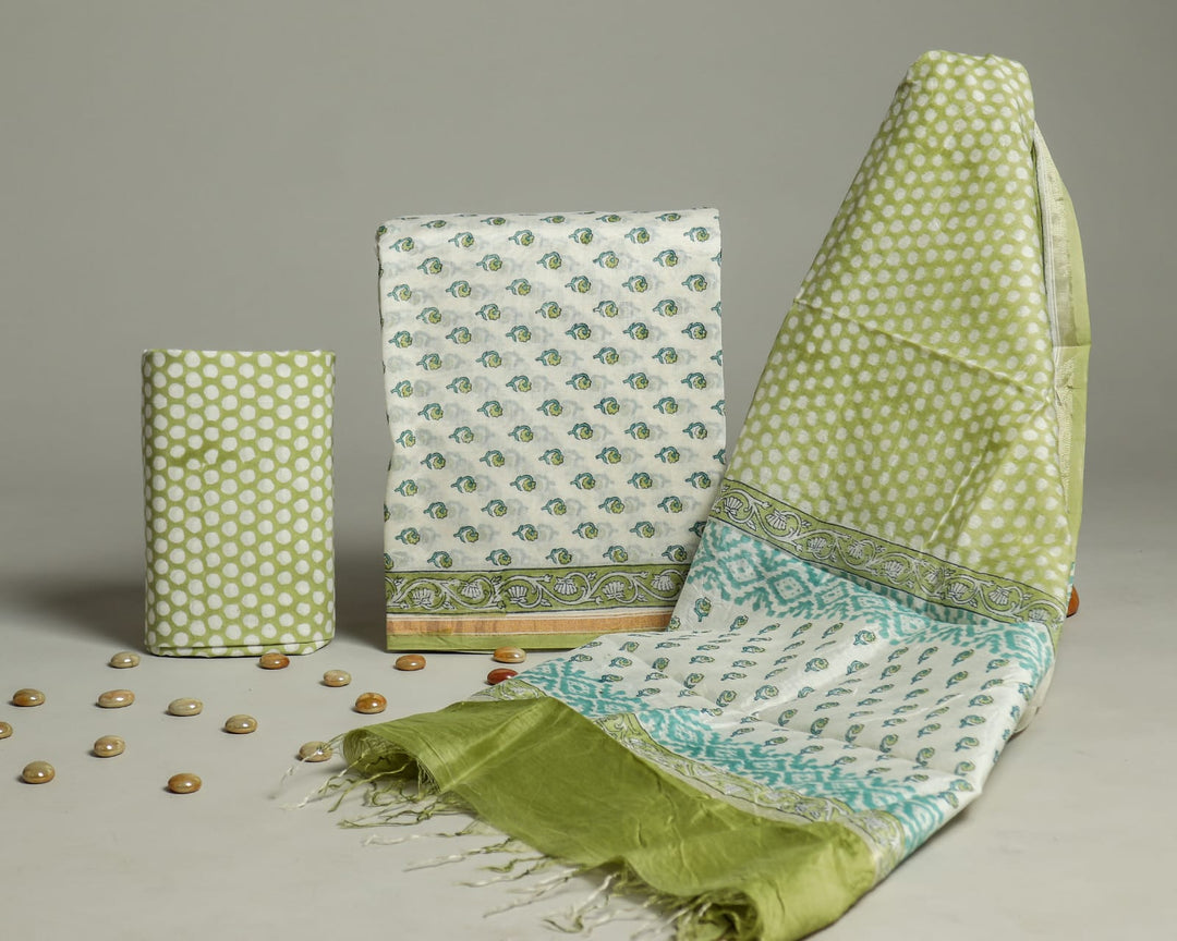 Pure Hand Block Chanderi Silk Unstitched Suit.