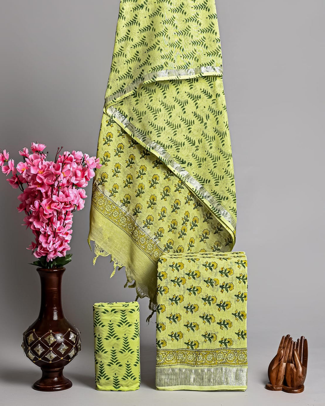 Hand Block Printed Linen Unstitched Suit .