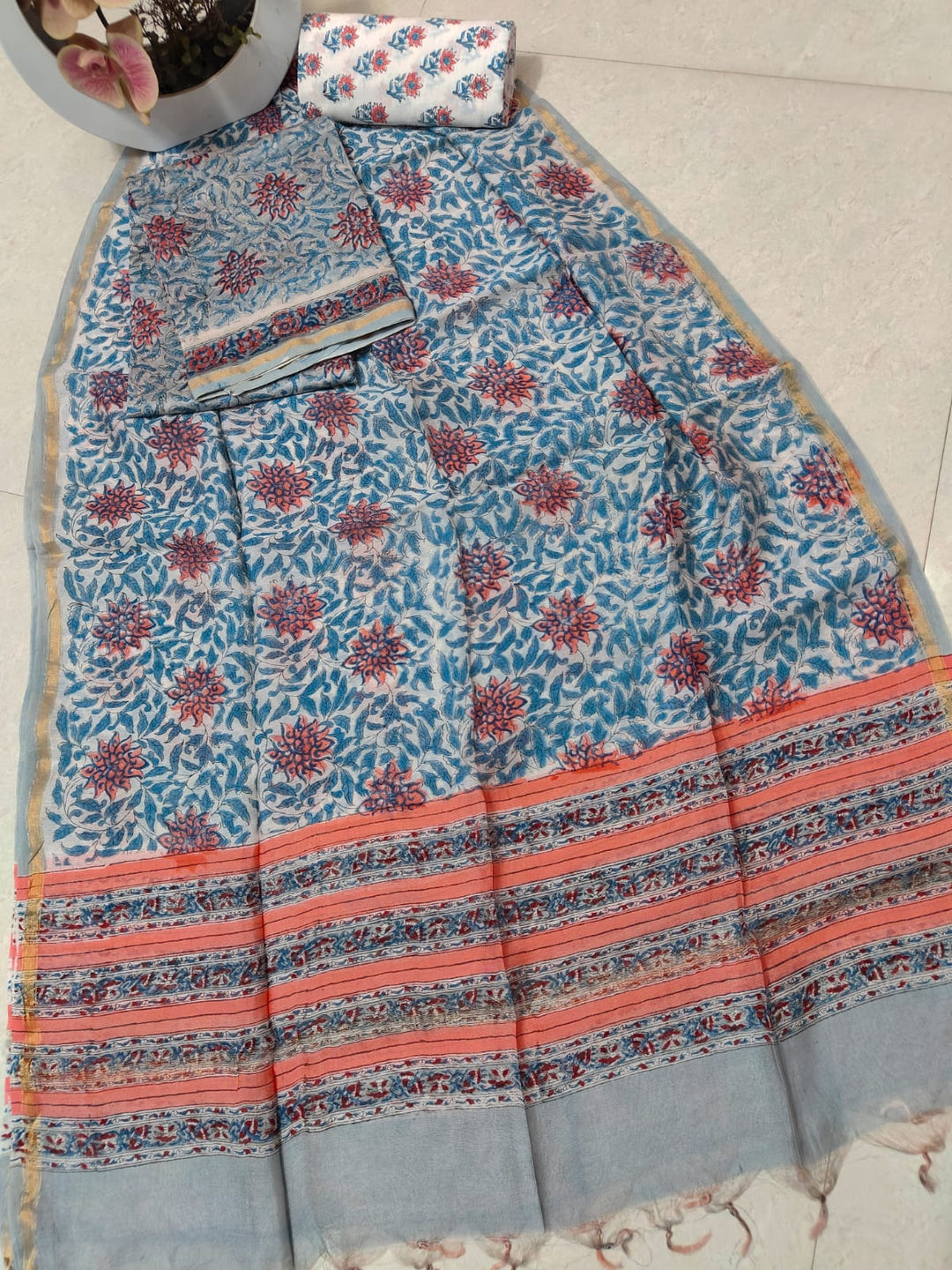 Pure Hand Block Chanderi Silk Unstitched Suit .