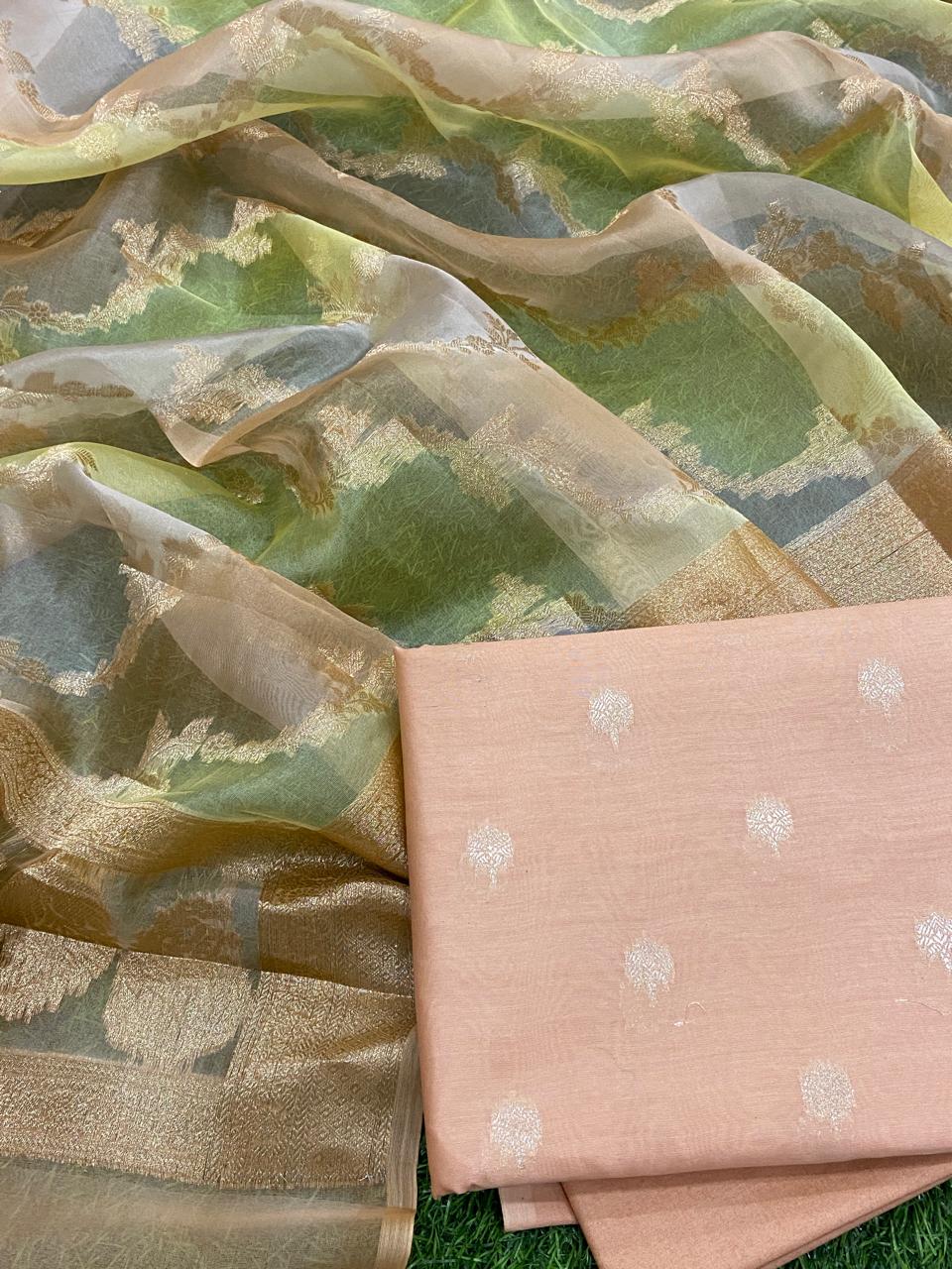 Pure Banarasi Chanderi Silk Zari Work Unstitched Suit With Banarasi Organza Rangkart Dupatta.