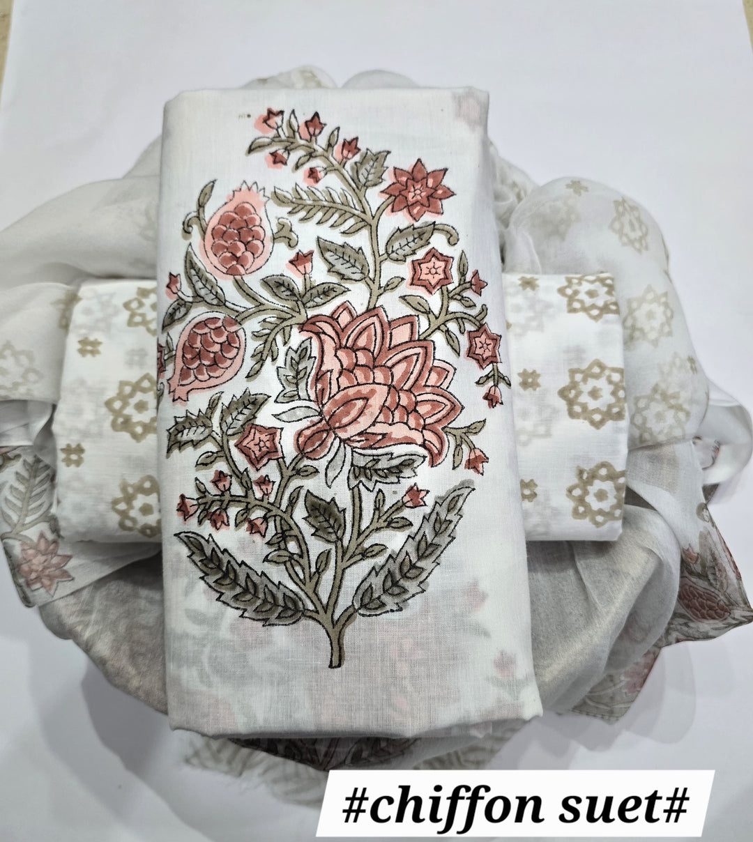 Pure Cotton Hand Block Print Unstitched Suit with chiffon dupatta .