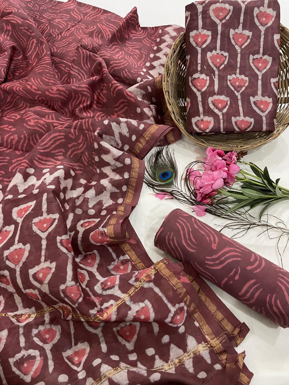 Pure Hand Block Chanderi Silk Unstitched Suit.