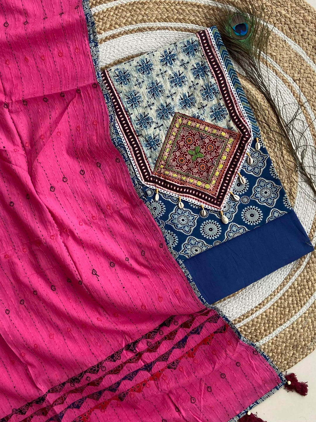 Pure Cotton Azrakh Print Unstitched suit With Patch Work Dupatta