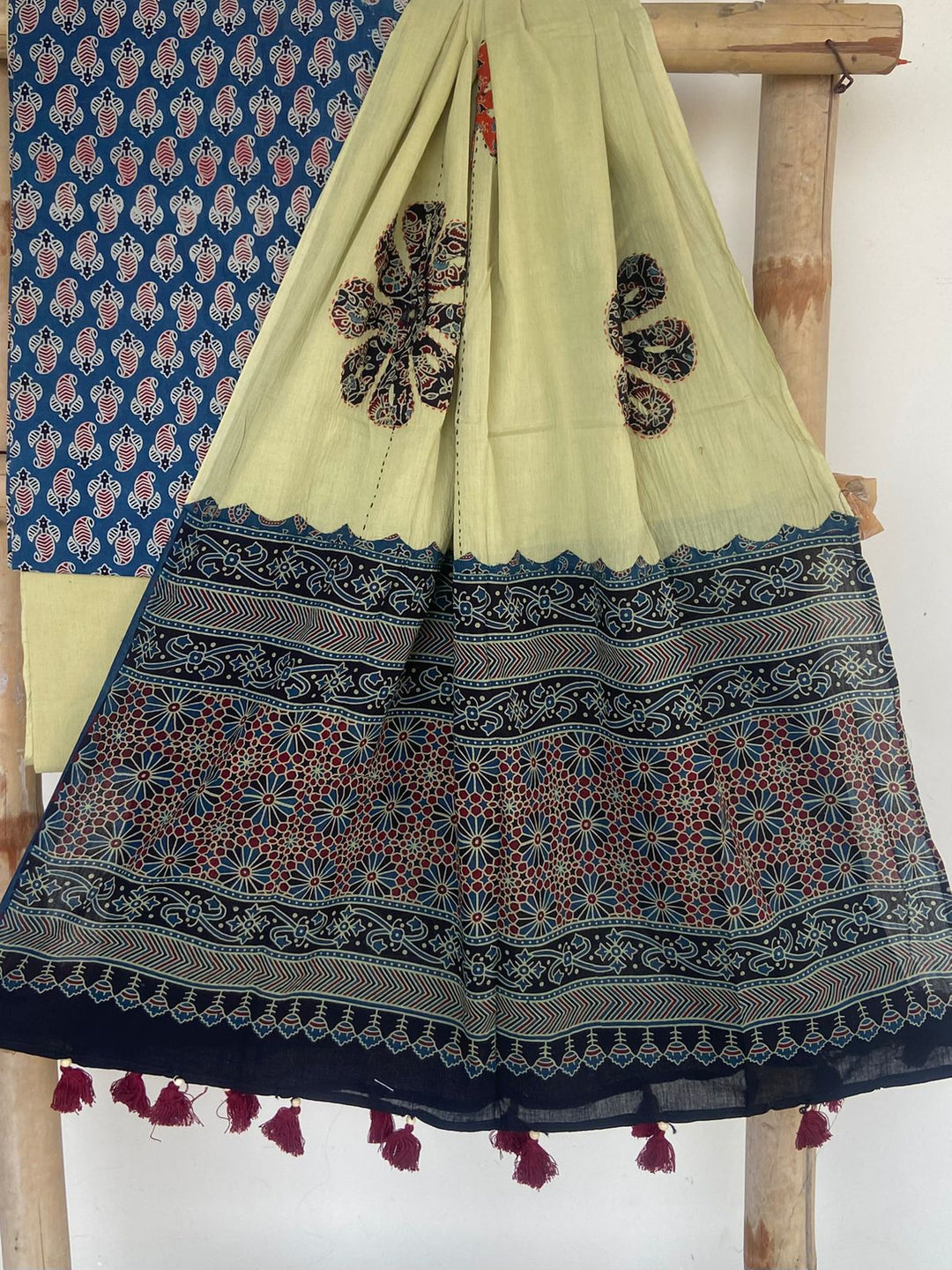 Pure Cotton Azrakh Print Unstitched suit Whit Patch Work Dupatta .