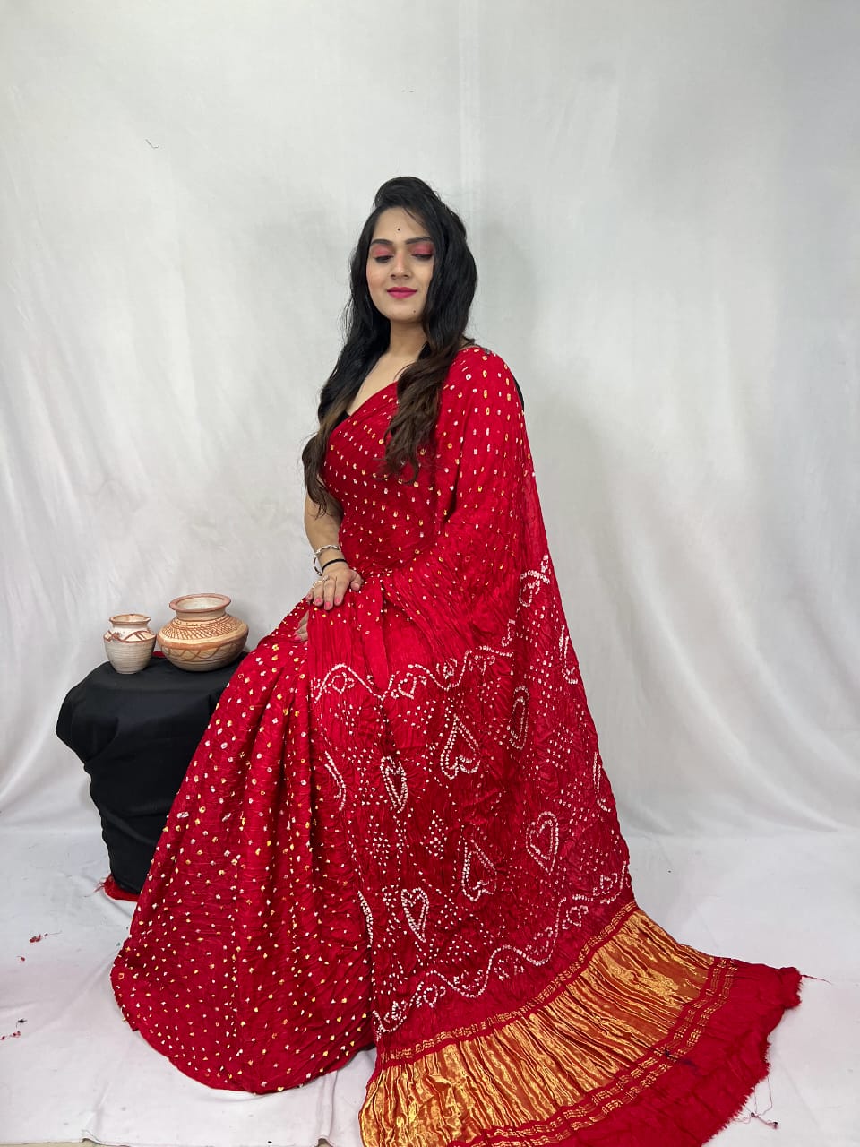 Pure Natural Dyeing Hand Block Bandhej Print Modal silk saree.