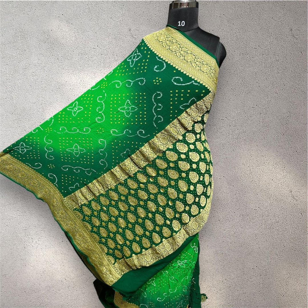 Pure Khaddi Georgette Handloom Neem Zari Work saree With Raiy Bandhej .