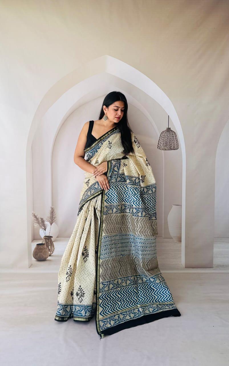 Hand Block Prninted Chanderi Saree .