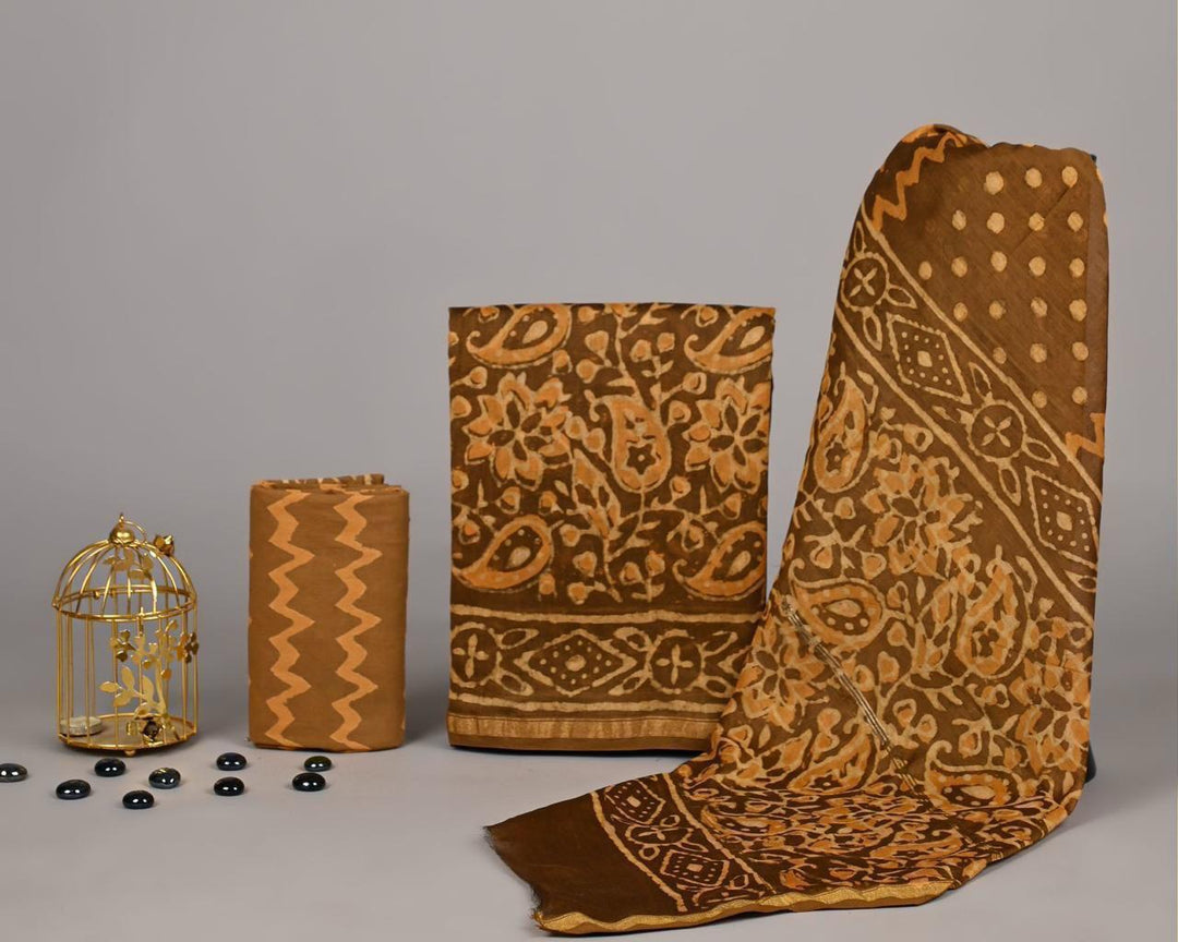 Pure Hand Block Chanderi Silk Unstitched Suit.