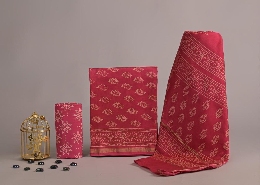 Pure Hand Block Chanderi Silk Unstitched Suit.