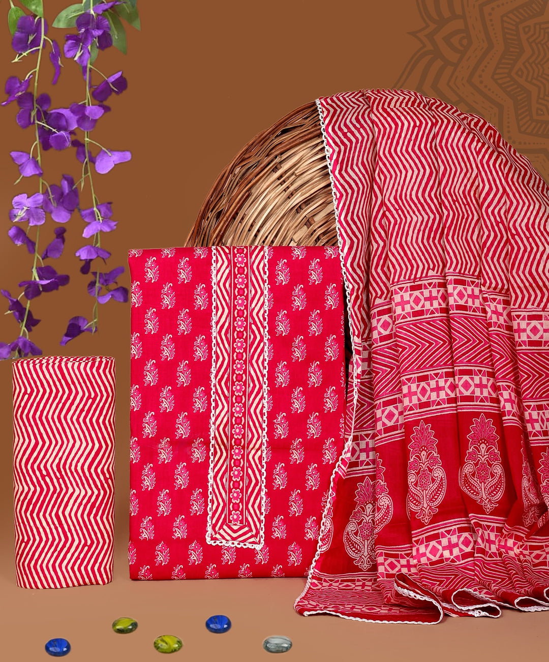 Pure Cotton Gotta patti Work unstitched Suit With Cotton Dupatta.