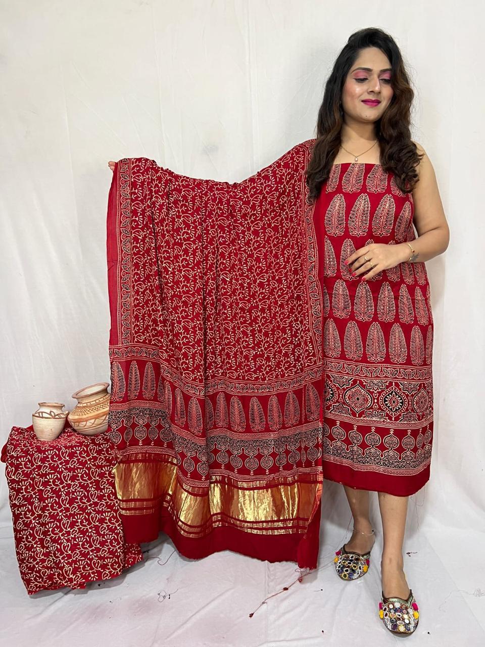 Pure Modal Silk Ajrakh Hend Block Zari Pallu Weaved 3pc Unstitched Suit .