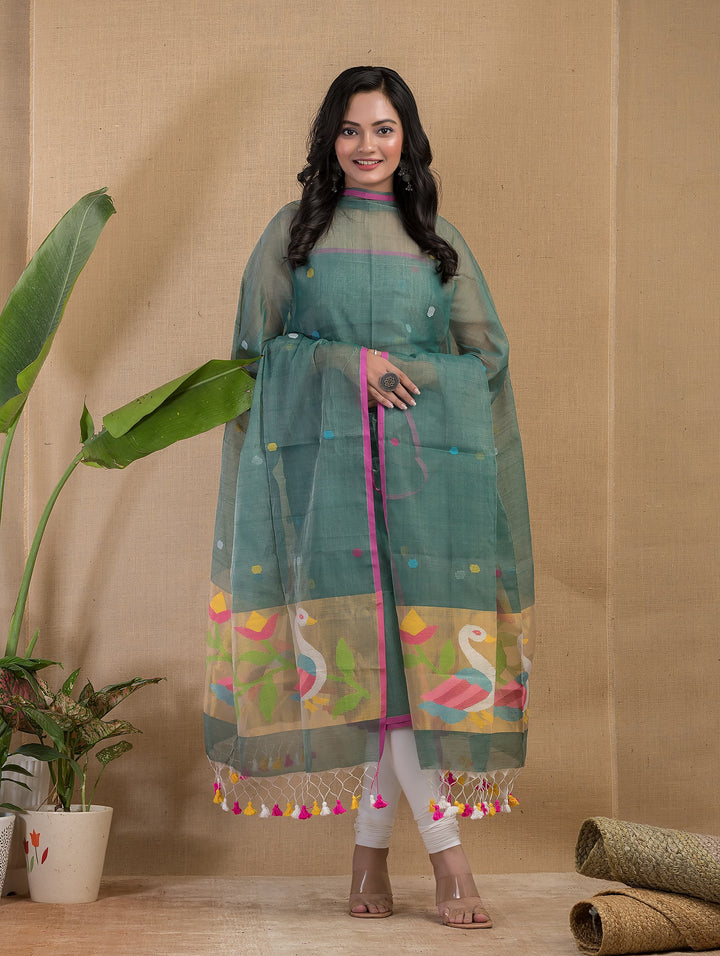 Pure Maslin silk 2PC Jamdani Handwork Unstitched Suit .