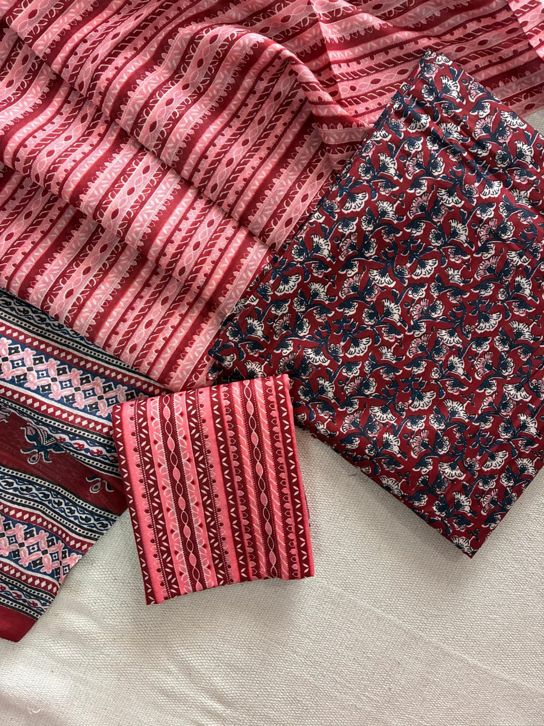 Pure Cotton Hand Block Print Unstitched Suit with Cotton Dupatta.