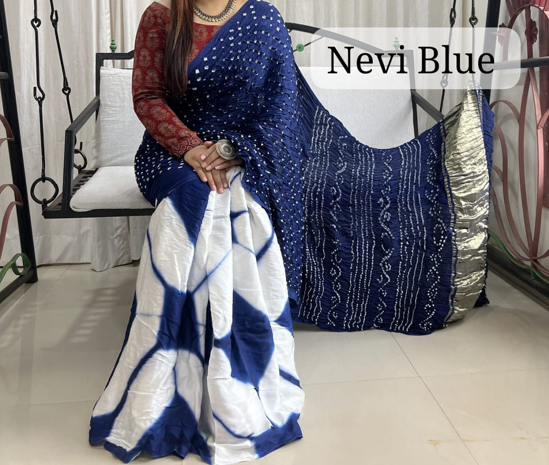 Pure Natural Dyeing Hand Block Bandhej Print Modal silk saree.